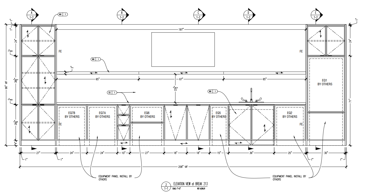 Elevation drawing showing cabinetry and equipment layout.